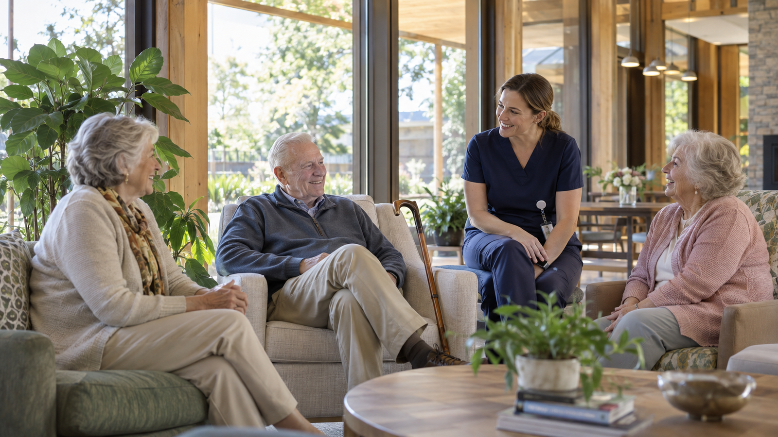 Residents and a nurse enjoying a relaxed conversation in a contemporary lounge