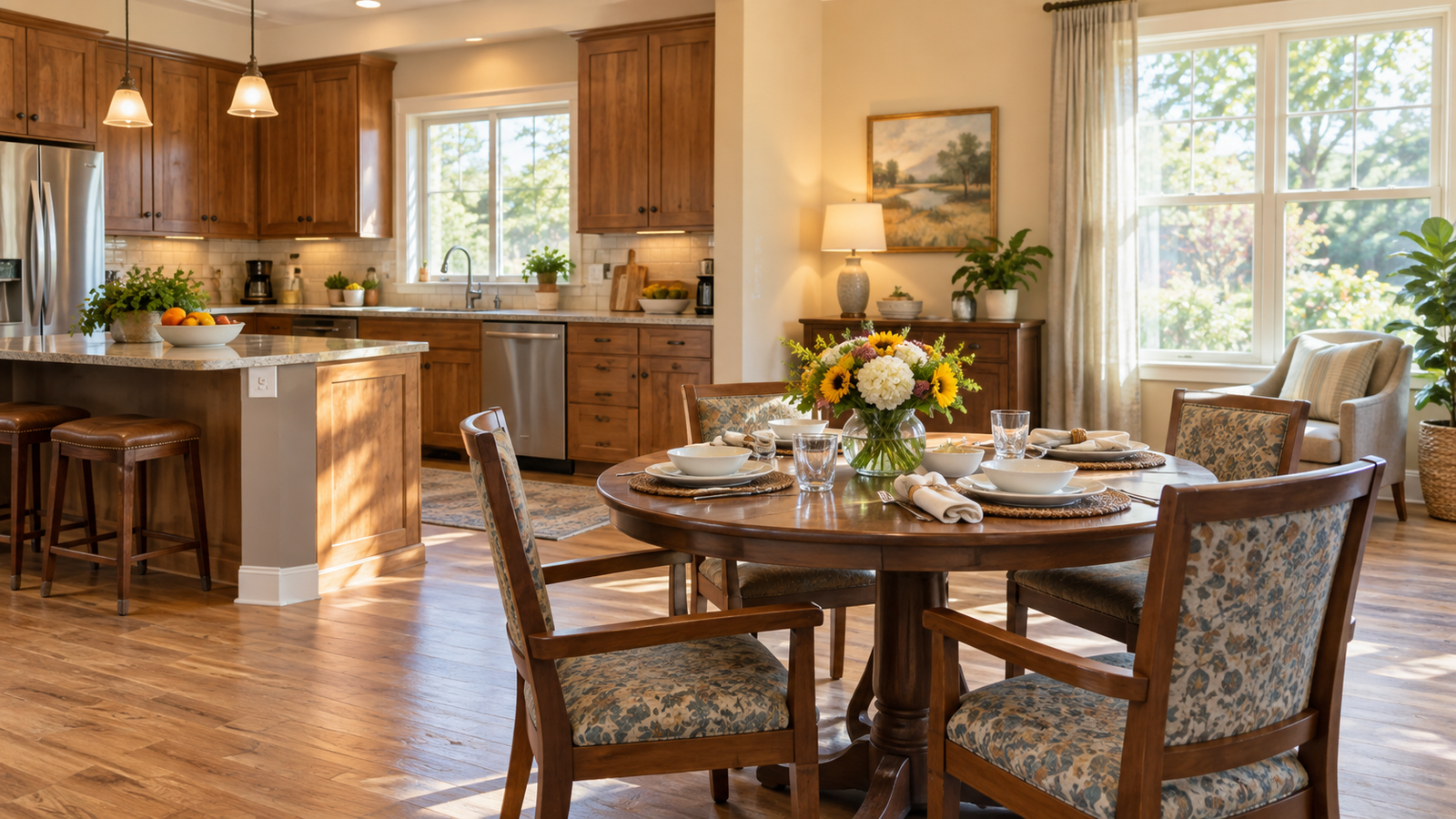 A warm, accessible residential dining room and kitchen