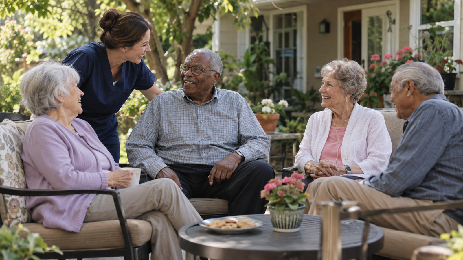Residents and a caregiver sharing a relaxed afternoon in the garden