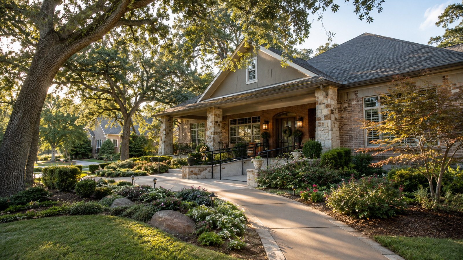 A welcoming residential senior living home surrounded by mature trees and gardens